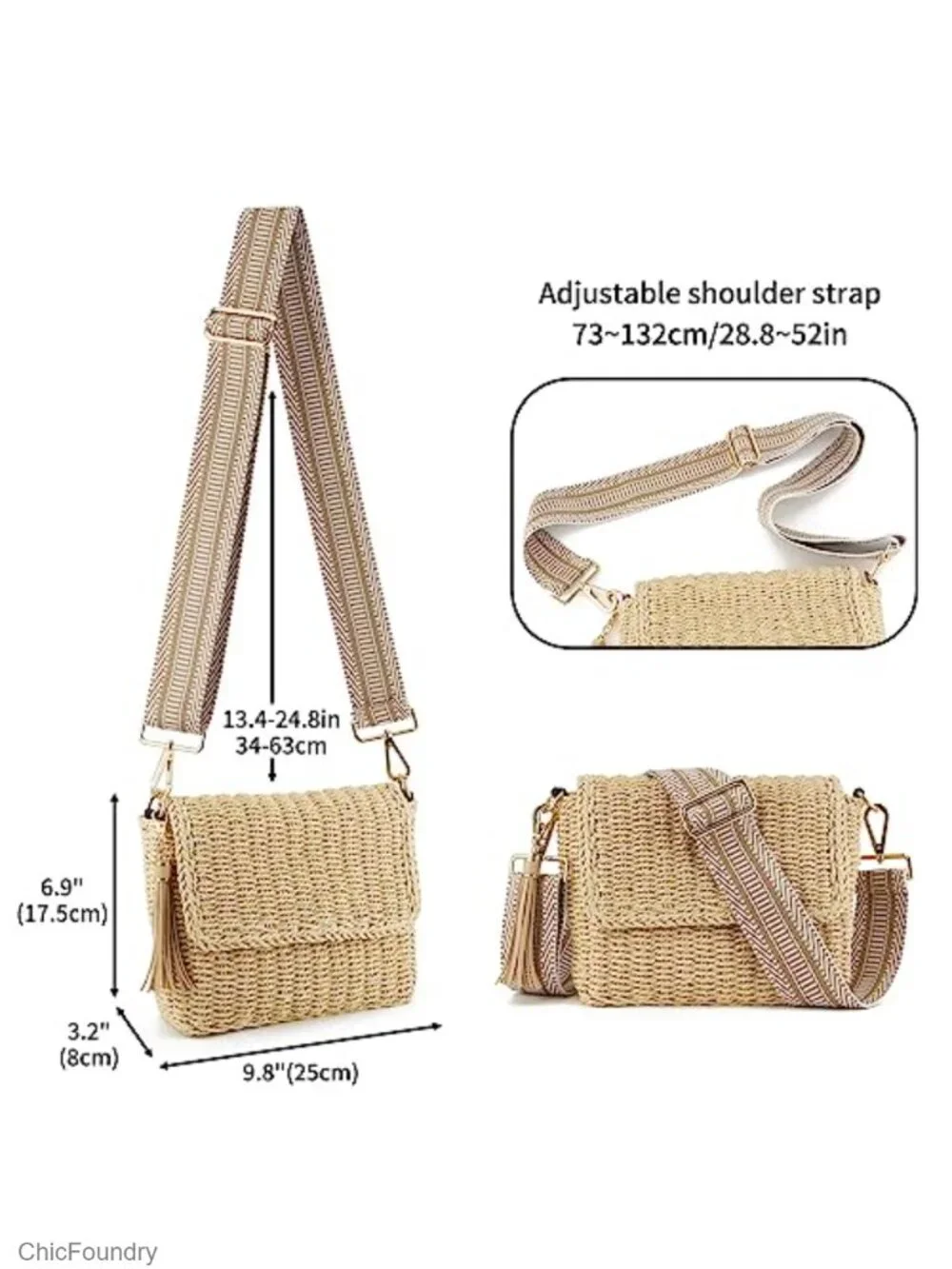 Woven Straw Crossbody Bag with Tassel, Adjustable Canvas Strap, Summer Beach